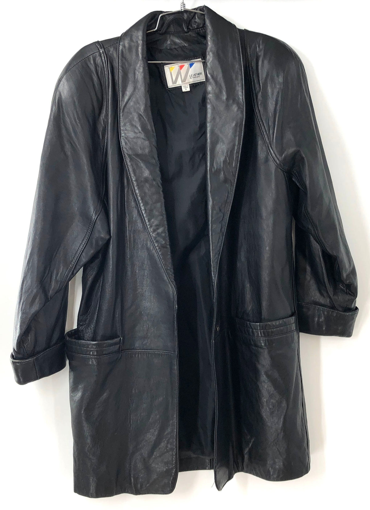 Vintage 80s Wilsons Leather Womens Black Shawl Collar Open Front Jacket Sz S