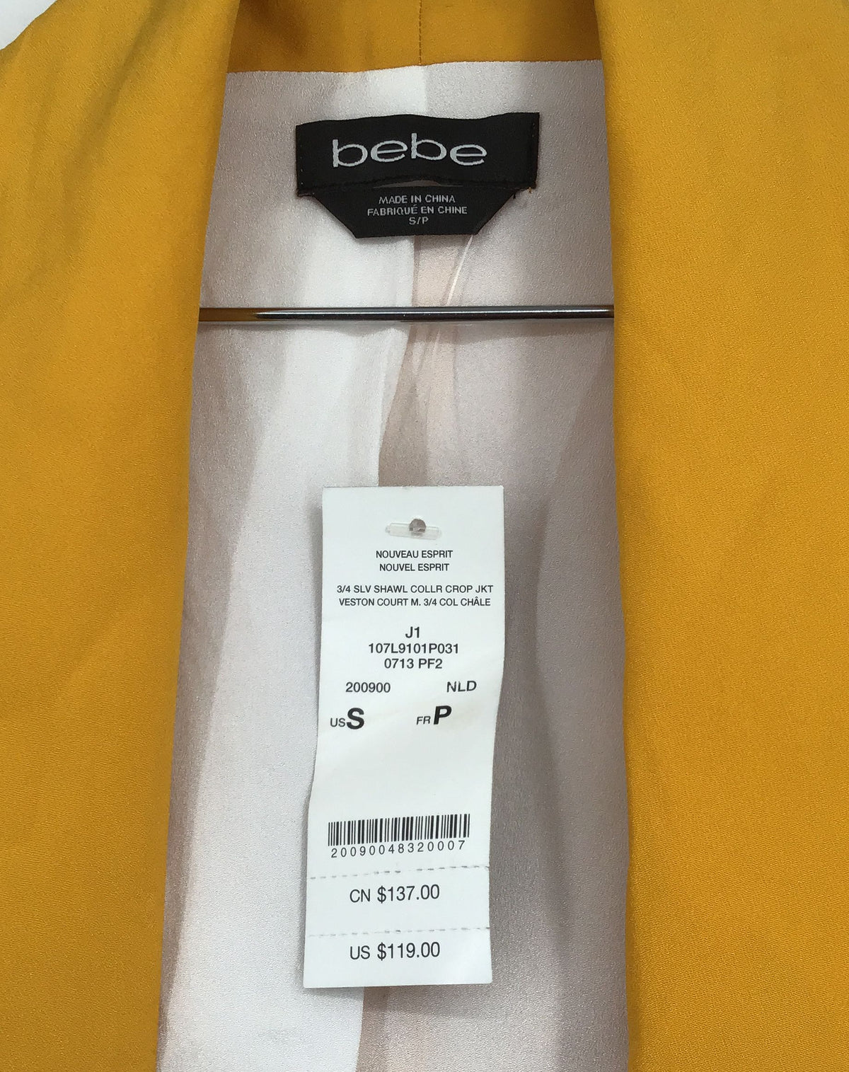 NWT Bebe Women&#39;s Yellow 3/4 Sleeve Shawl Collar Cropped Jacket - Size Small