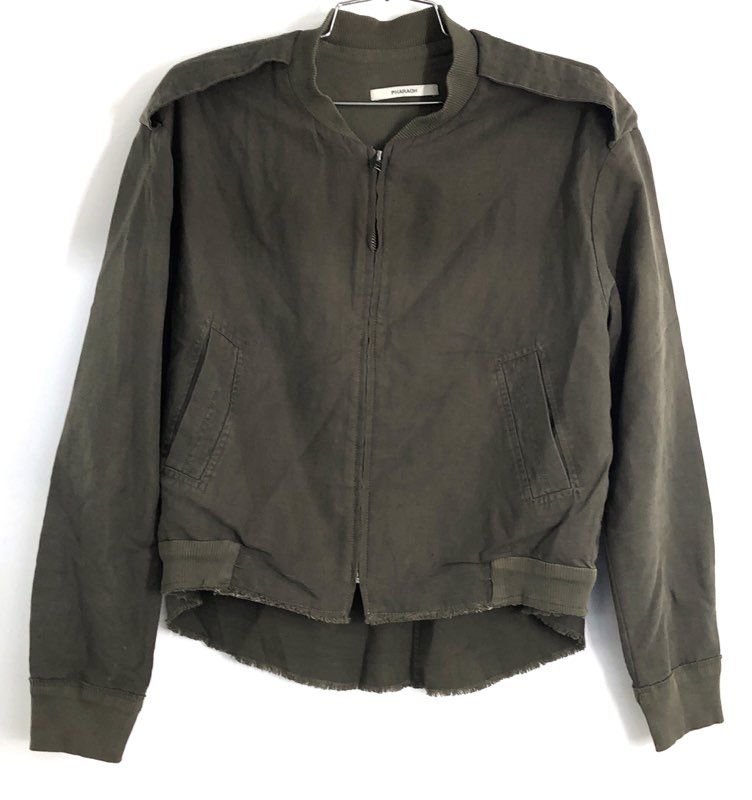 Pharaoh Boys Olive Green Full Zip High-Low Frayed Hem Bomber Jacket Sz 1