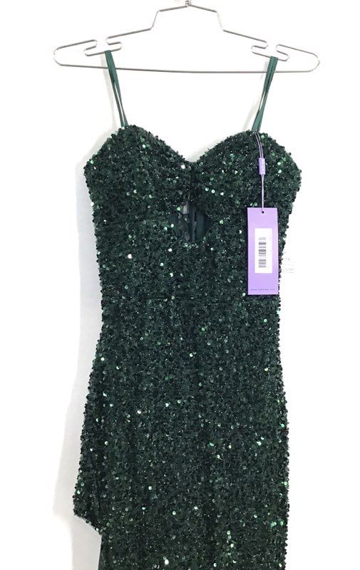 Ladivine Emerald Green Sequined Mermaid Gown CD883 Slit Corset Sz 6 NWT