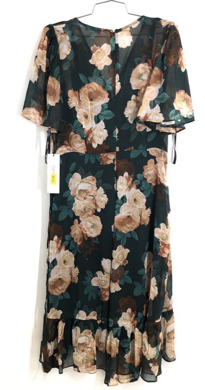 Calvin Klein Women's Green Rose Floral Ruffle Hi-Low Dress Flutter Sleeve NWT 10