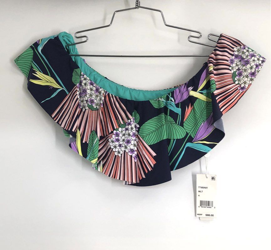 Trina Turk Women's Navy Multi Alana Off Shoulder Ruffle Bikini Top Sz 4 NWT