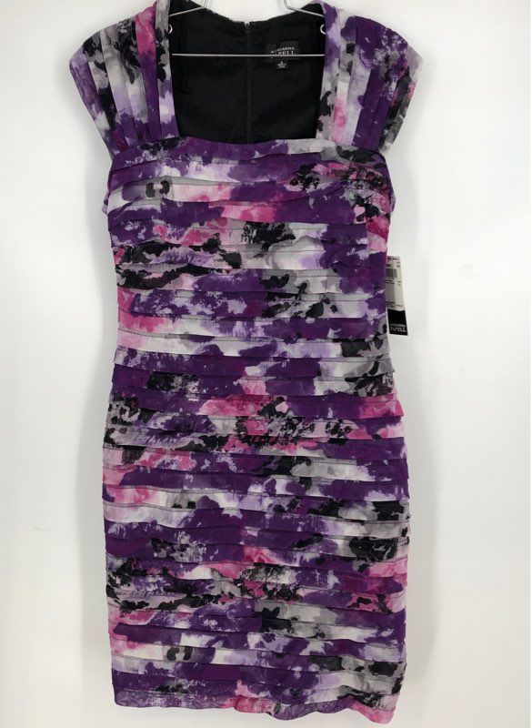 Adrianna Papell Women's Purple Pink Floral Tiered Tulle Square Neck Dress NWT 14
