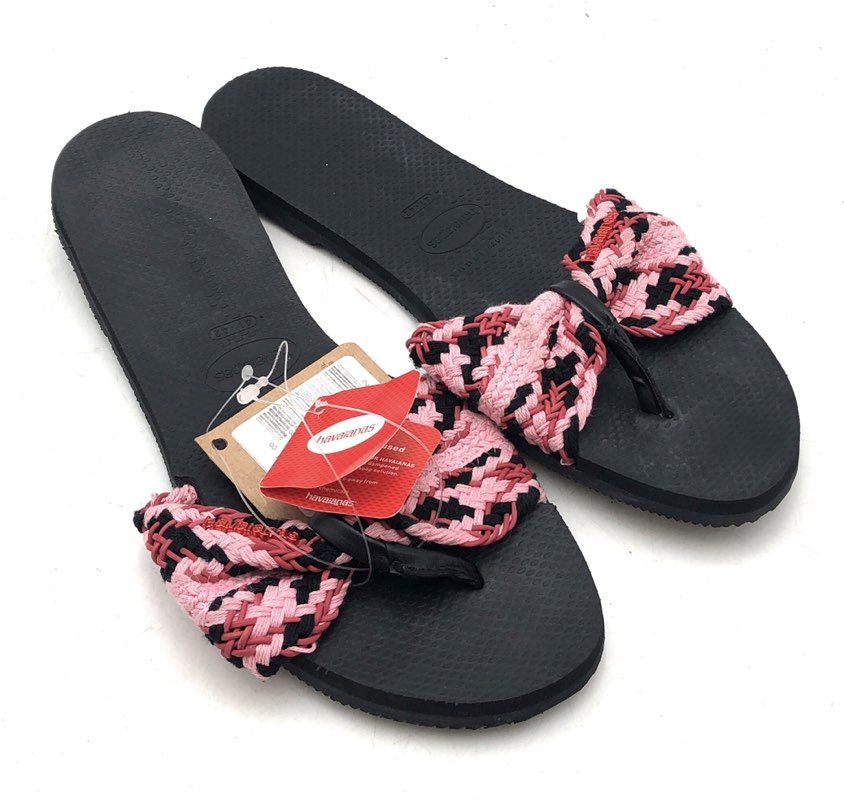 Havaianas Black Pink Woven Bow Flip Flop Sandals Women's Size 11/12W NWT