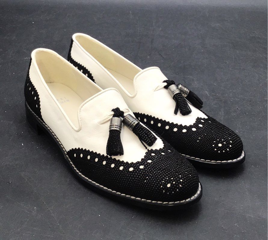 Stuart Weitzman Black White Woven Tassel Brogue Loafers Womens Size 5.5 A