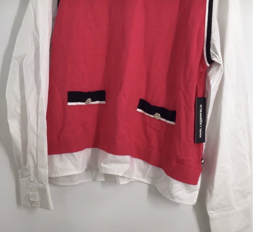 Karl Lagerfeld Paris Women's Pink White Mock Layer Knit Top Collared Sz L NWT