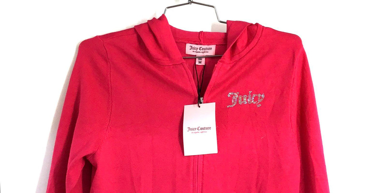 Juicy Couture Women's Vixen Pink Rhinestone Logo Zip Hooded Cardigan NWT Sz M