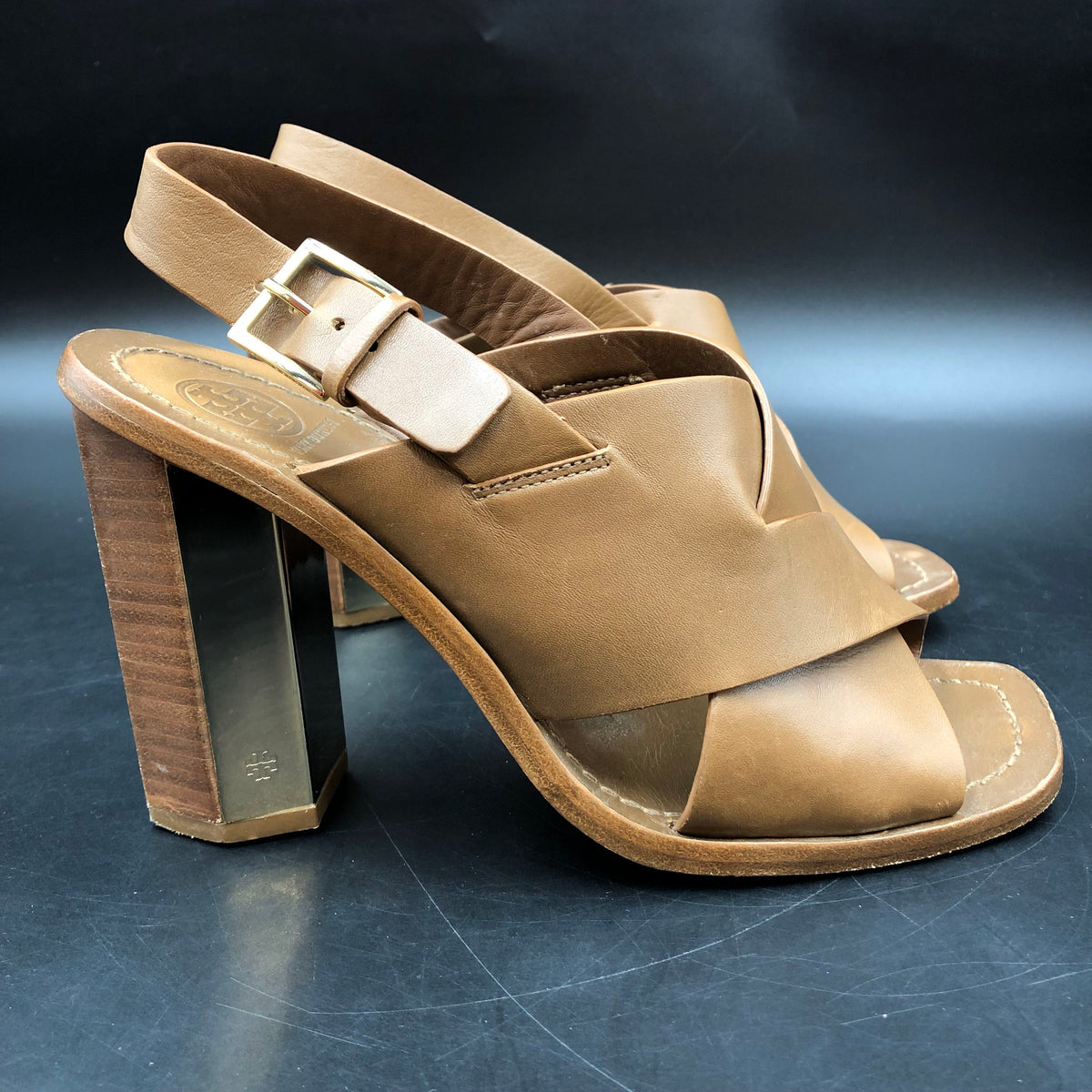 Tory Burch Brown Leather Cross Band Slingback Block Heel Sandals Size 7 COA