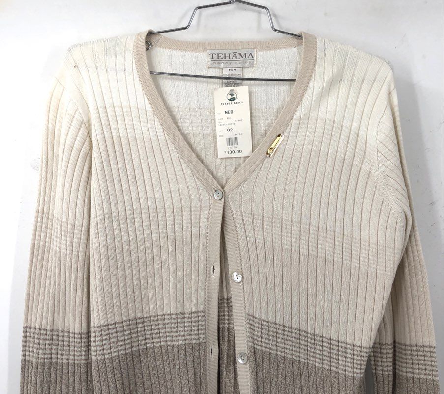 NWT Tehama Pebble Beach Women's Cardigan Sweater Cream Tan Colorblock M