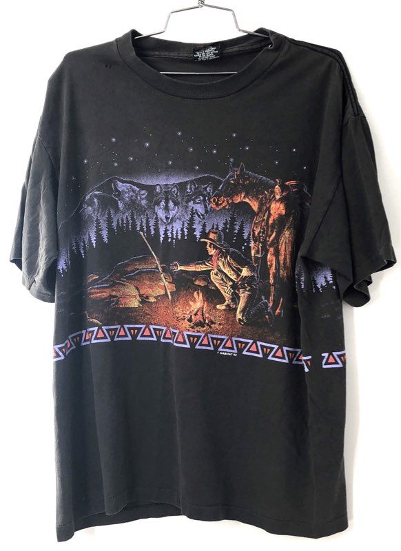 Vintage 1992 Habitat Cowboy Wolf Campfire T-Shirt Single Stitch Made in USA Sz L