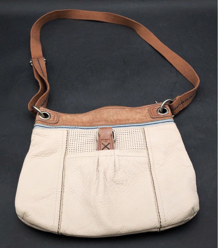 The Sak Cream Pebbled Leather Crossbody Bag Brown Trim Adjustable Canvas Strap