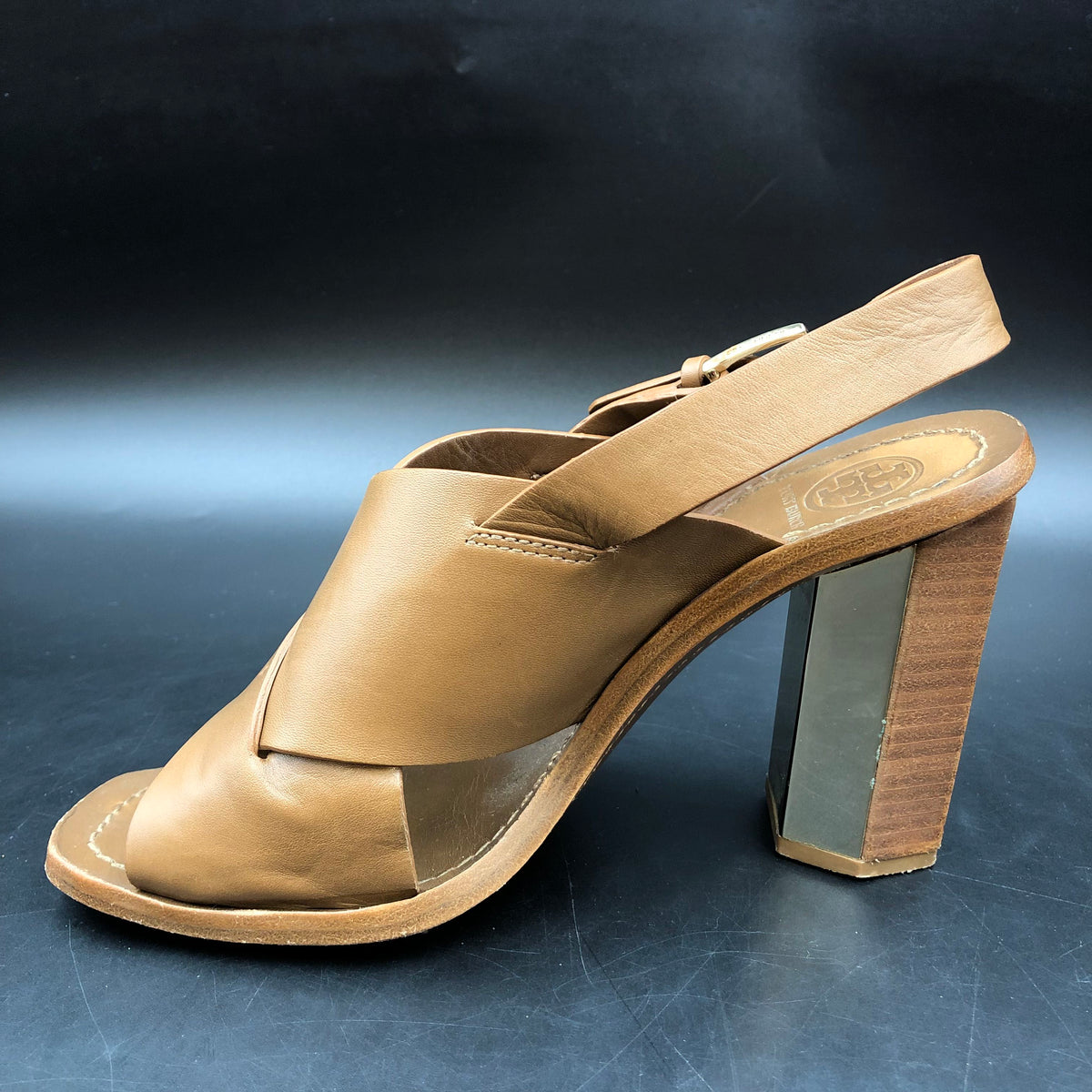 Tory Burch Brown Leather Cross Band Slingback Block Heel Sandals Size 7 COA