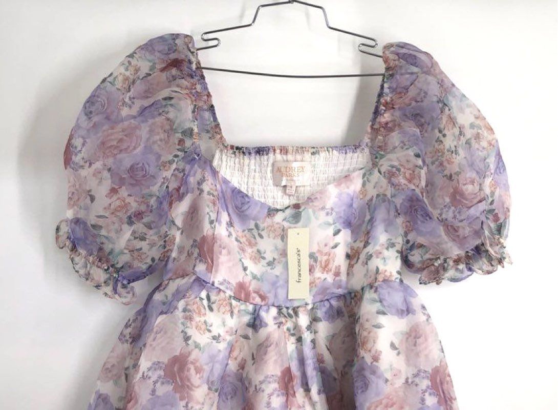 Audrey Parks Francesca's Women's Floral Mini Dress Purple Puff Sleeve NWT Sz S