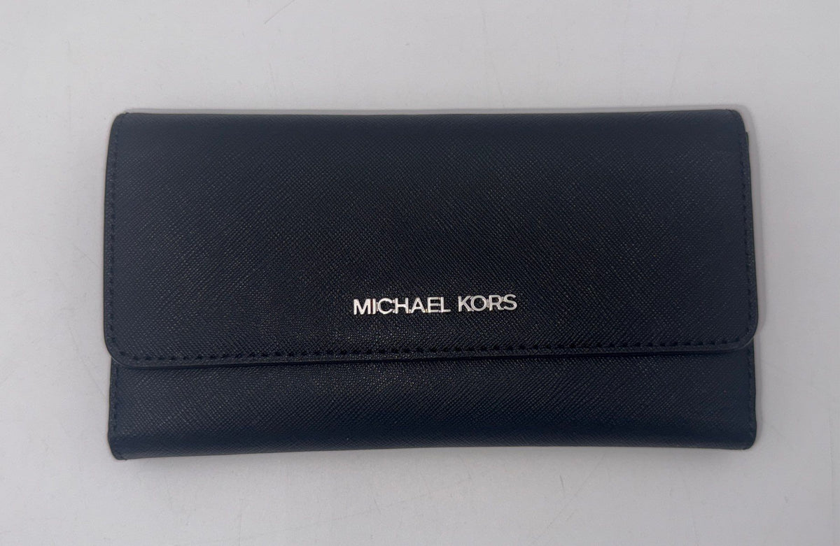 Michael Kors Black Saffiano Leather Trifold Flap Long Wallet Silver Hardware