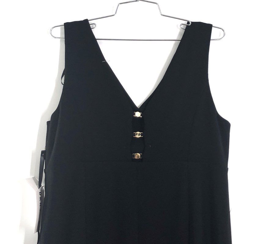 DKNY Women's Black V-Neck Gold Hardware Back Midi Sheath Dress Sz 12 NWT
