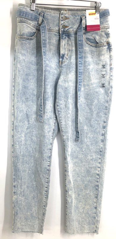 SO Women's High Rise Mom Jeans Acid Wash Paperbag Waist Tie Belt Raw Hem NWT 13