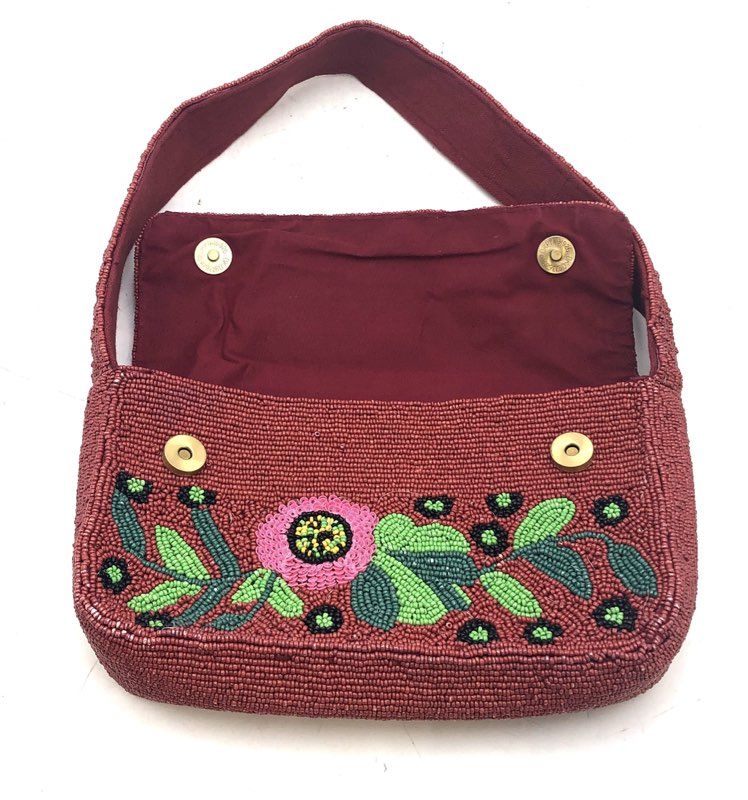America Beyond Burgundy Beaded Floral Shoulder Baguette Bag Pink Green Small