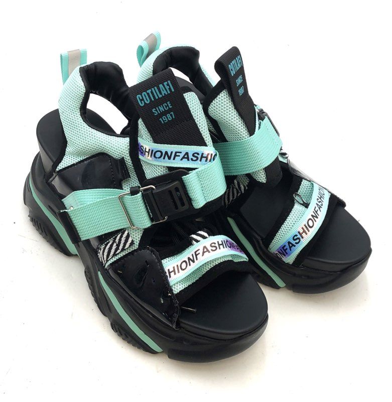 Cotilafi Women's Mint Green Black Platform Wedge Buckle Fashion Sandals Size 5
