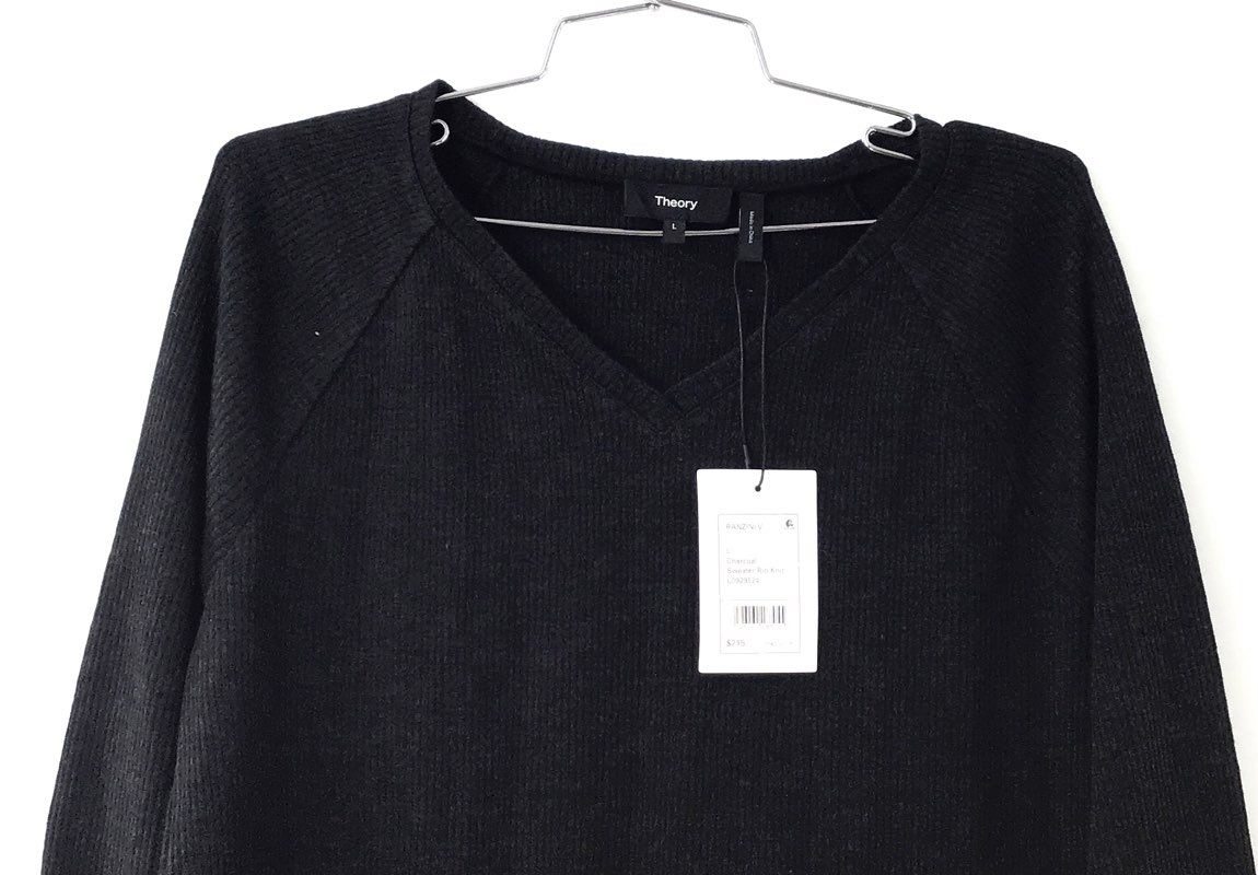 Theory Women's Ranzini V Rib Knit Sweater Charcoal NWT Sz L
