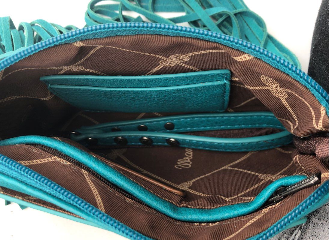 Wrangler Teal Tooled Floral Fringe Crossbody Wallet Bag Turquoise Western Boho