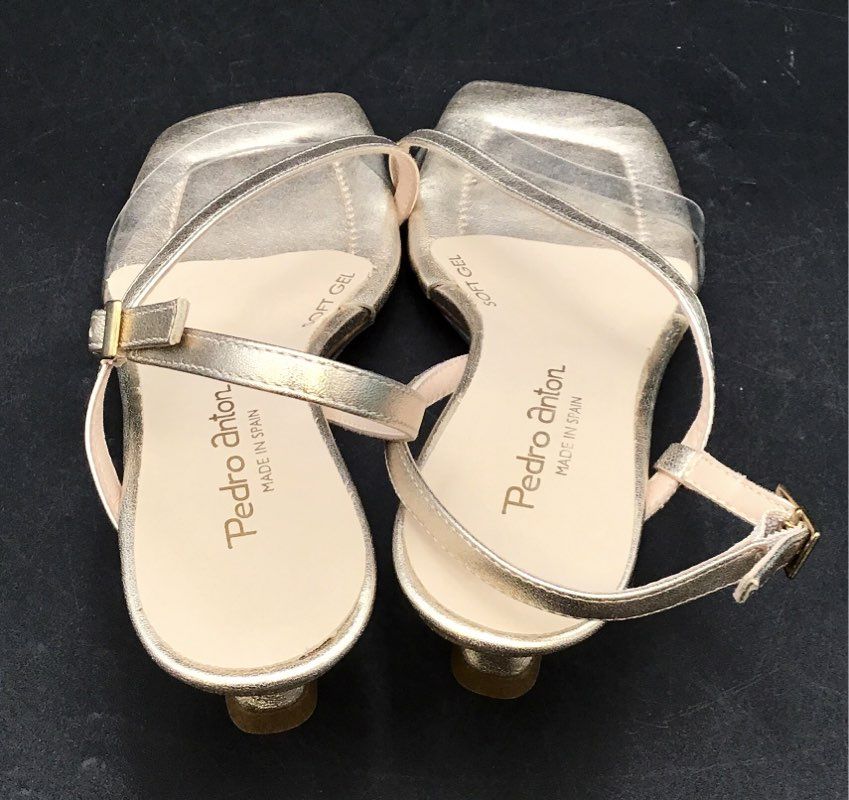 Pedro Anton Champagne Rose Vinyl Square Toe Slingback Heels Sandals Sz EU 36