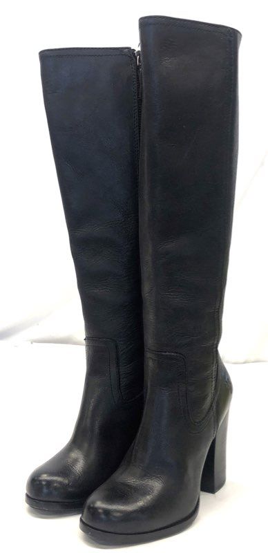 Frye Regina Black Leather Tall Side Zip Block Heel Boots Women's Size 5.5