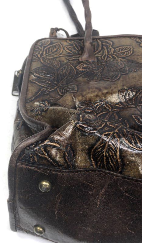 Patricia Nash Brown Tooled Rose Leather Satchel Handbag Medium Tassel