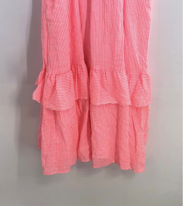 Draper James Women's Carrie Midi Dress Pink Seersucker Ruffle Sz M NWT