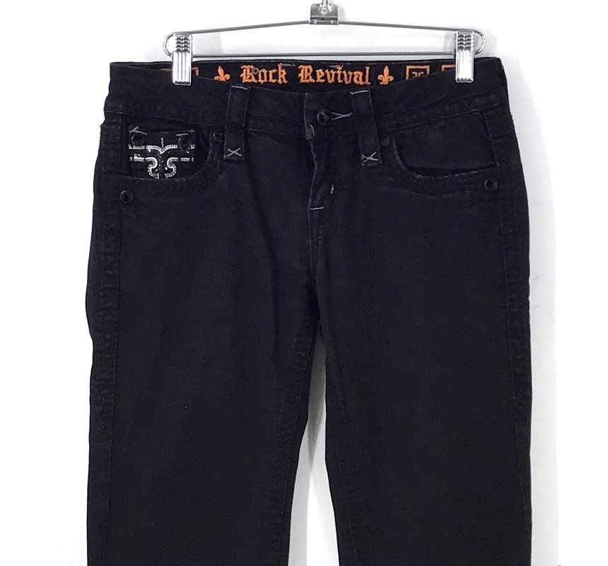 Rock Revival Women's Black Polly Flare Embellished Pocket Low Rise Jeans Size 26