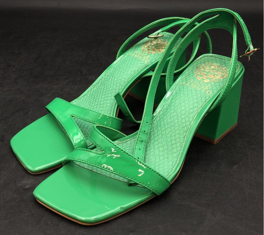 Vince Camuto Jaren Green Patent Leather Square Toe Block Heel Sandals Size 8