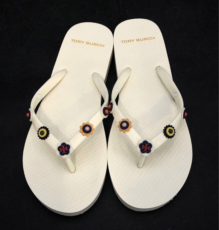 Tory Burch Floral Daisy Charm Ivory Multi Thong Sandals Flip Flops Size 7M