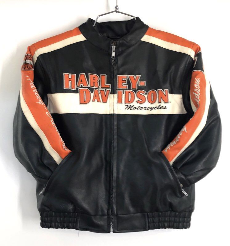 Harley-Davidson Boys Racing Stripe Biker Faux Leather Jacket Sz 7