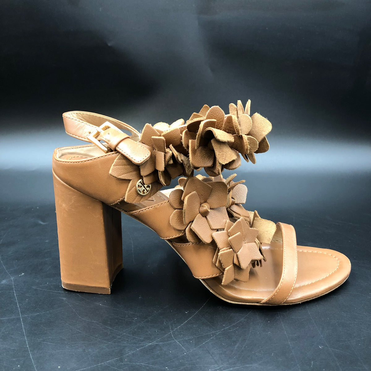 Tory Burch Blossom Floral Applique Brown Leather Block Heel Sandals Size 7 COA