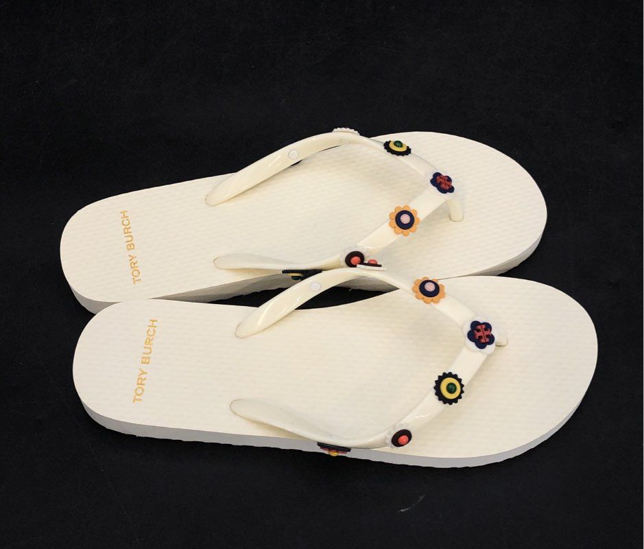 Tory Burch Floral Daisy Charm Ivory Multi Thong Sandals Flip Flops Size 7M