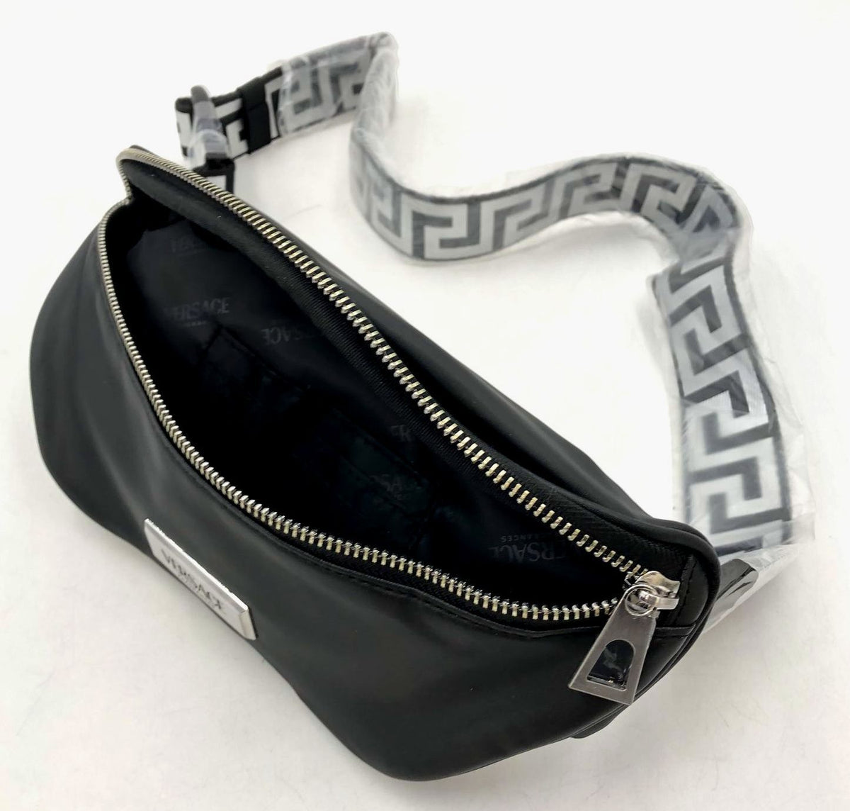 Versace Fragrances Black Fanny Pack/Belt Bag w/ Silver-Tone Hardware & Patterns