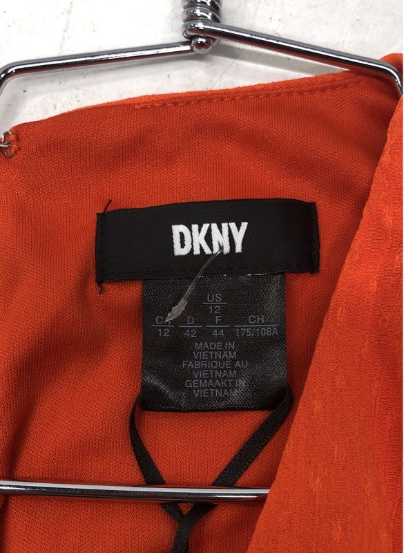 DKNY Women's Orange Smocked Waist Textured Midi Dress V-Neck NWT Sz 12