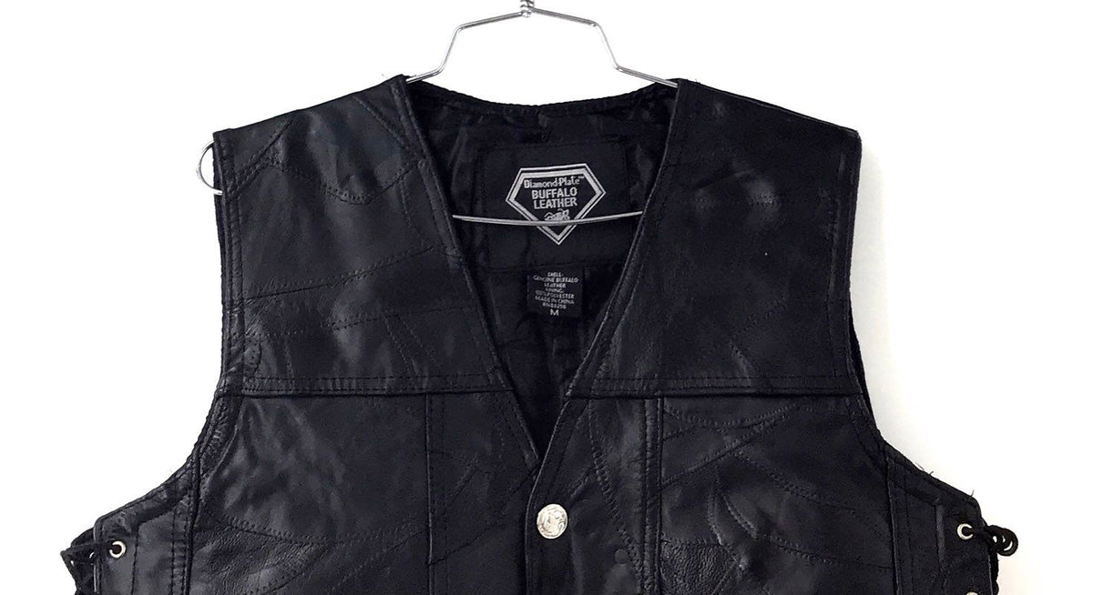 Vintage Diamond Plate Buffalo Leather Motorcycle Vest Patched Side Lace Sz M