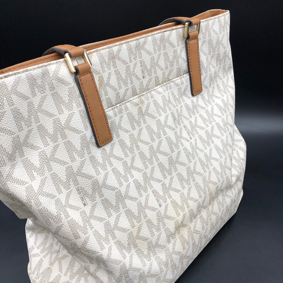 Authentic Michael Kors Women&#39;s Beige White Luxury Leather Tote Bag -COA Included