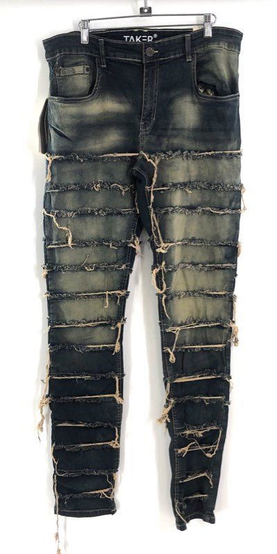 Taker Men's Skinny Fit Jeans Distressed Frayed Tiered Fringing Dark Wash 36x32