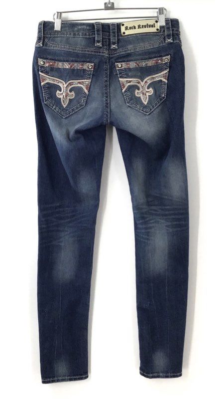 Rock Revival Women's Blue Skinny Jeans Embellished Fleur De Lis Pockets Size 27
