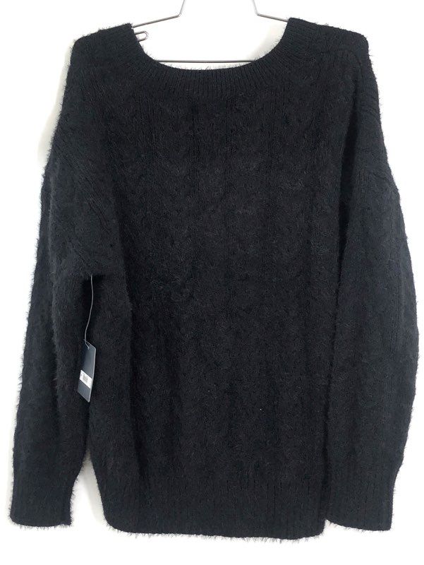 Lucky Brand Women's Black Fuzzy Cable Knit V-Neck Deep V-Back Sweater Sz M NWT