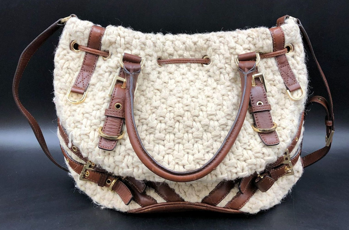 Michael Kors Beige Knit Yarn & Brown Leather Shoulder Bag w/ Gold Accents (+COA)