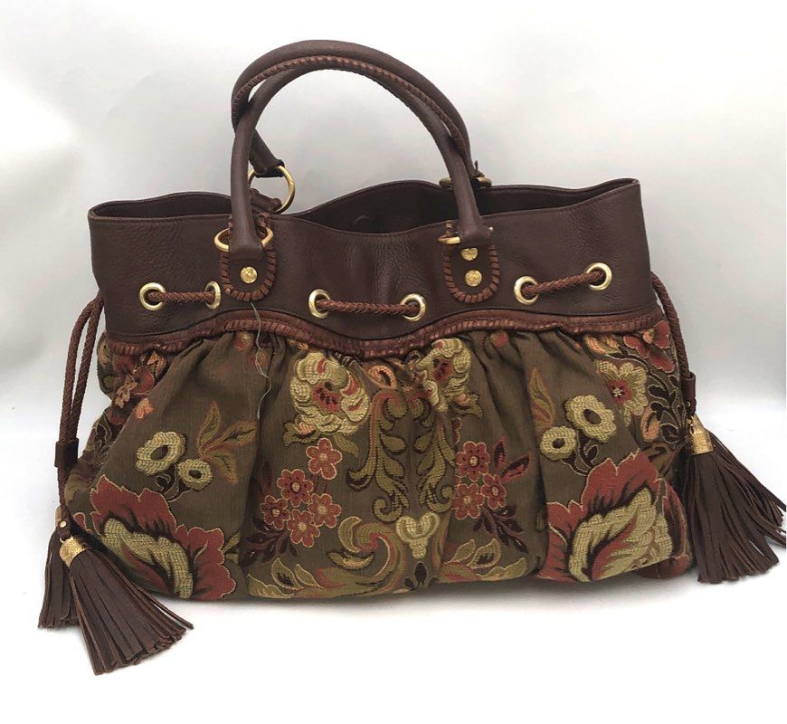 Vintage 2000s Isabella Fiore Floral Tapestry Leather Satchel Handbag Tassels