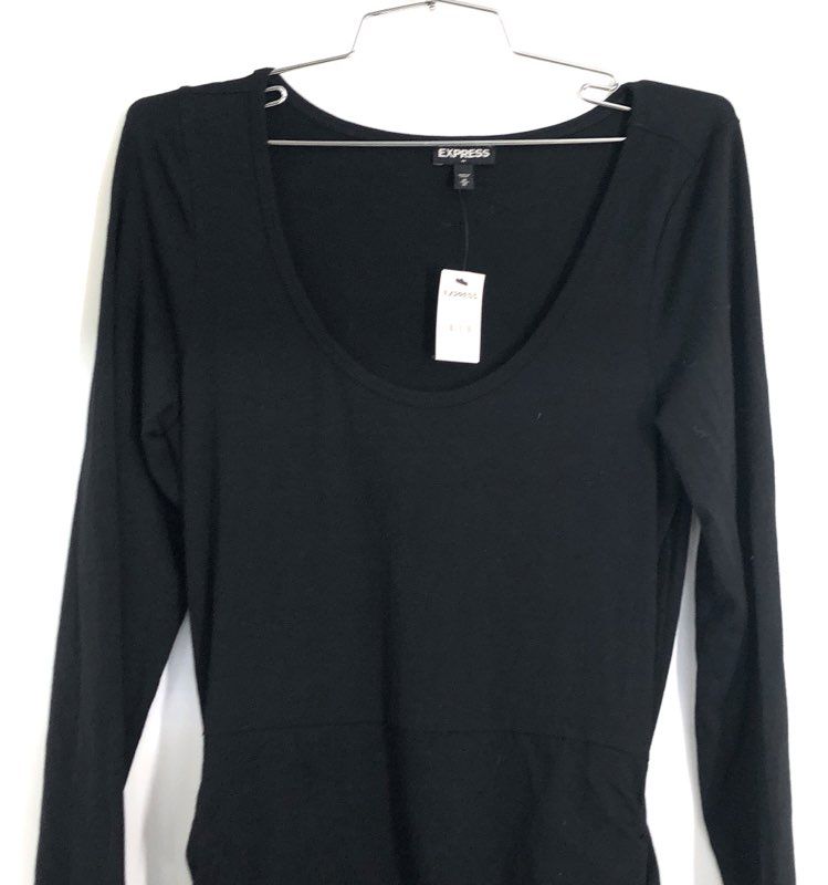 Express Women's Black Ruched Side Long Sleeve Scoop Neck Dress Sz M NWT
