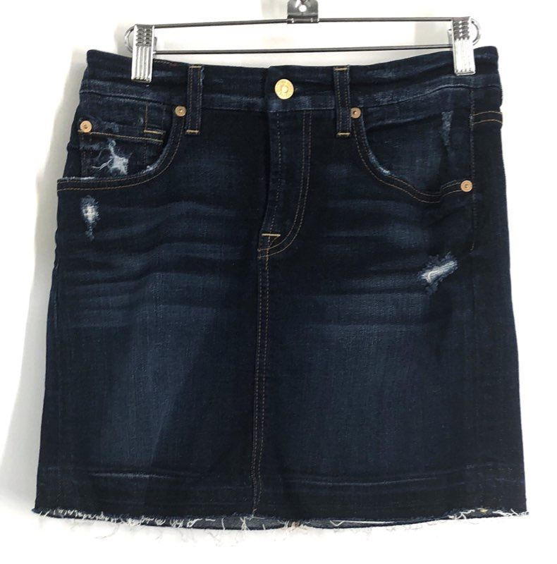 7 For All Mankind Women's Dark Wash Distressed Raw Hem Denim Mini Skirt Sz 25