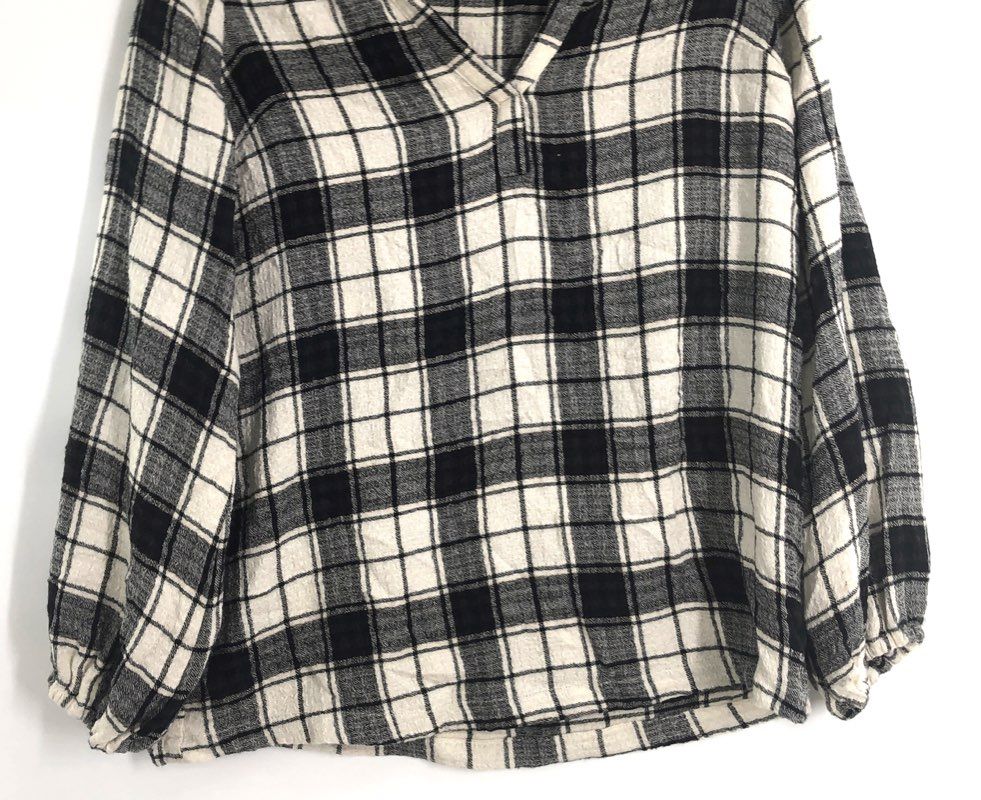 Marine Layer Women's Black White Plaid Ruffle V-Neck Long Sleeve Blouse Sz XS