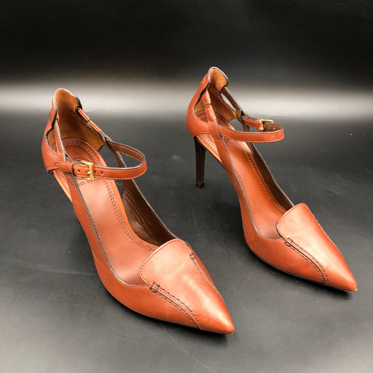 Tory Burch Cognac Brown Leather Double T Pointed Toe Heels Size 7.5 COA