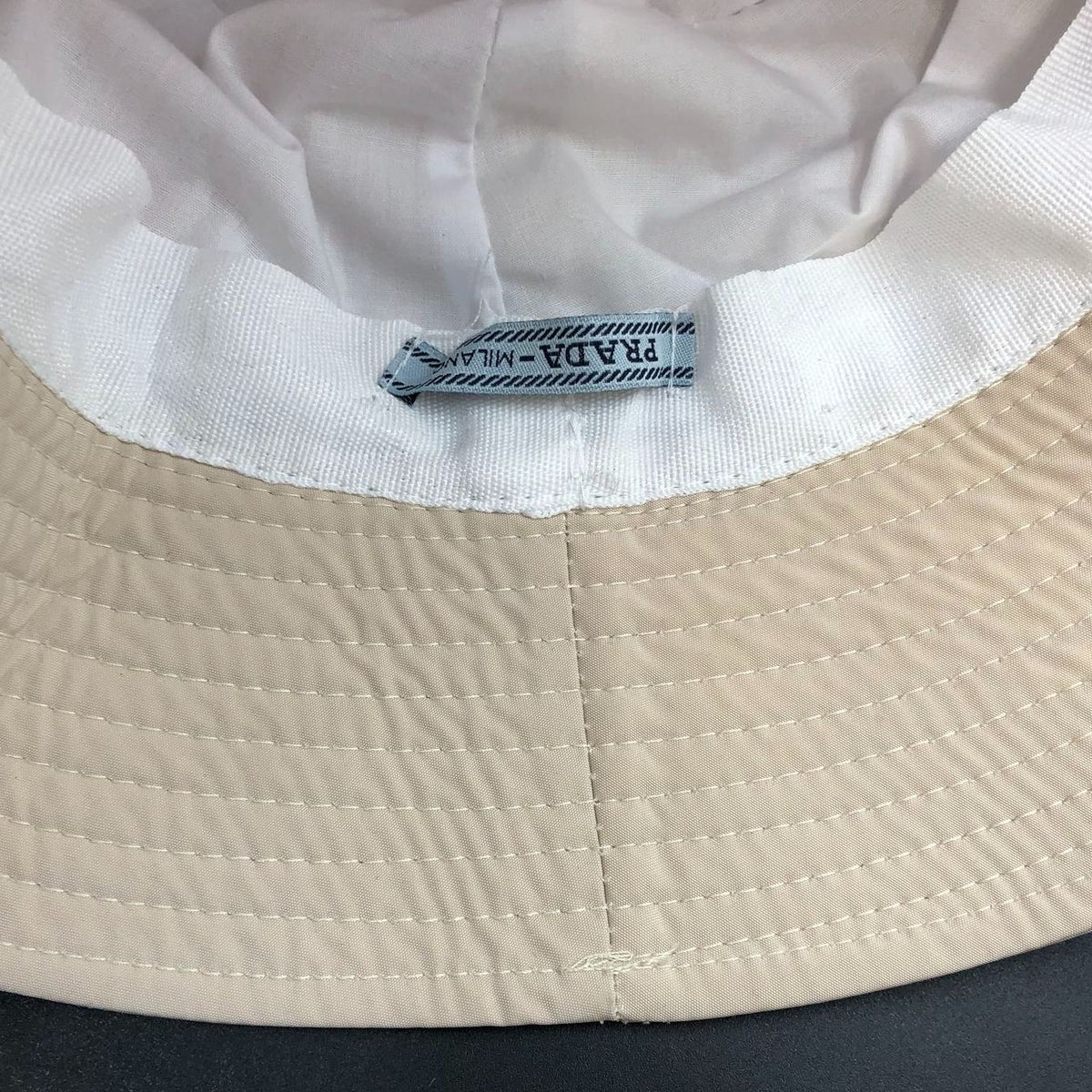 NWT Prada Inspired Beige Nylon Unisex Bucket Hat with Black/Silver Triangle Logo