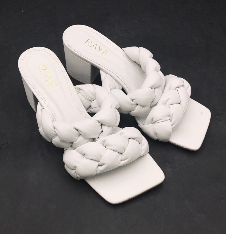 Raye White Leather Braided Double Strap Block Heel Square Toe Sandals Size 8