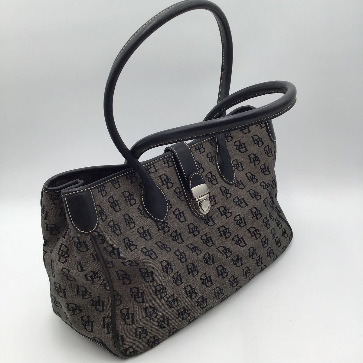 Authentic Dooney &amp; Bourke Women&#39;s Black Gray Monogram Tote Bag - COA Included